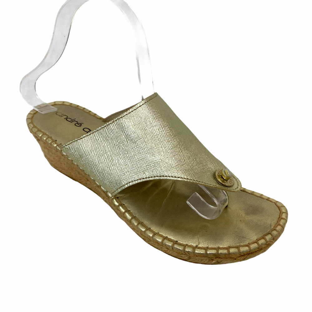 Andre Assous Sandals 40 / 9.5 Womens Gold‎ Leather Thong Espadrille Wedge Spain